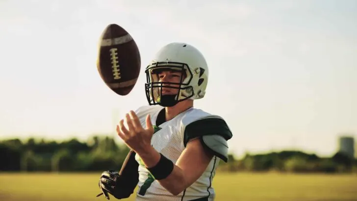 A close-up of football equipment during play