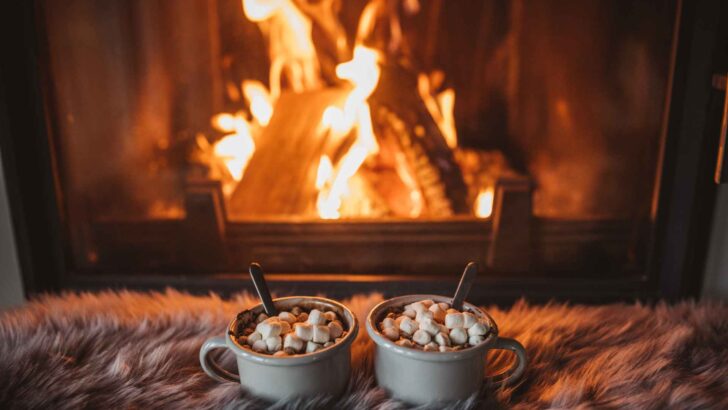 Hot drinks beside a glowing fireplace on a cold sweater-weather day
