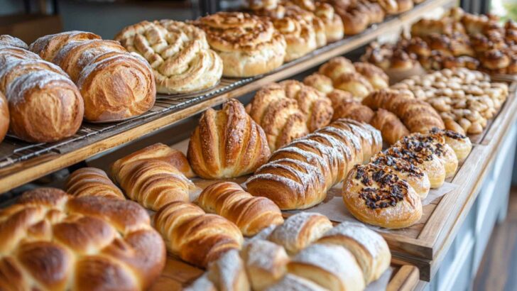 Rows of croissants and pastries at a bakery