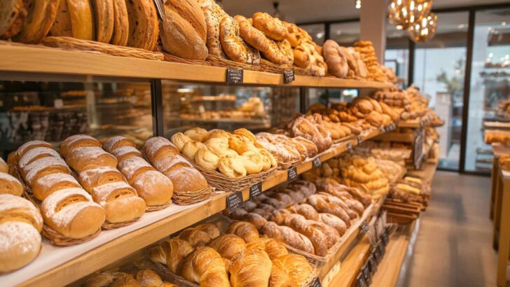 Bakery shelves filled with breads and pastries