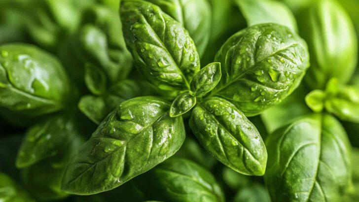 Sunlit basil plant with broad leaves