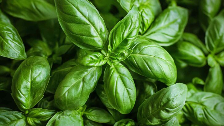 Glossy green basil leaves