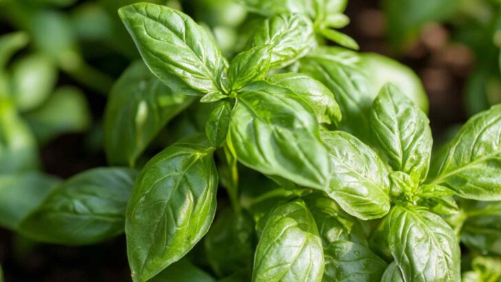 Fresh basil leaves with water droplets