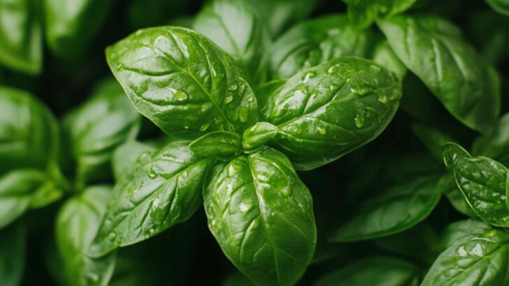 Dense cluster of fresh green basil leaves