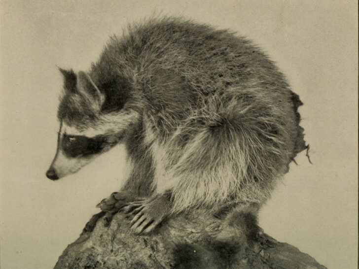 Black-and-white photograph of a raccoon perched on a log