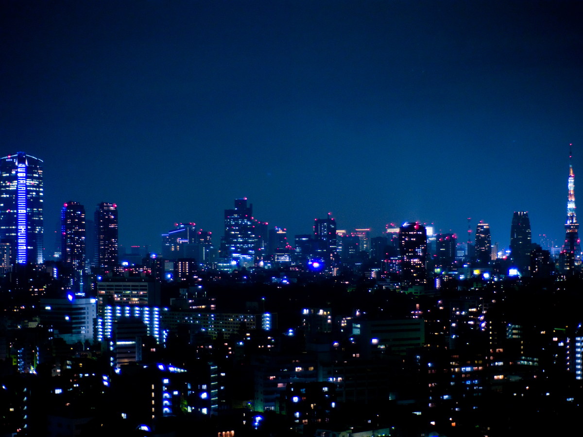 Tokyo city skyline illuminated in blue after dark