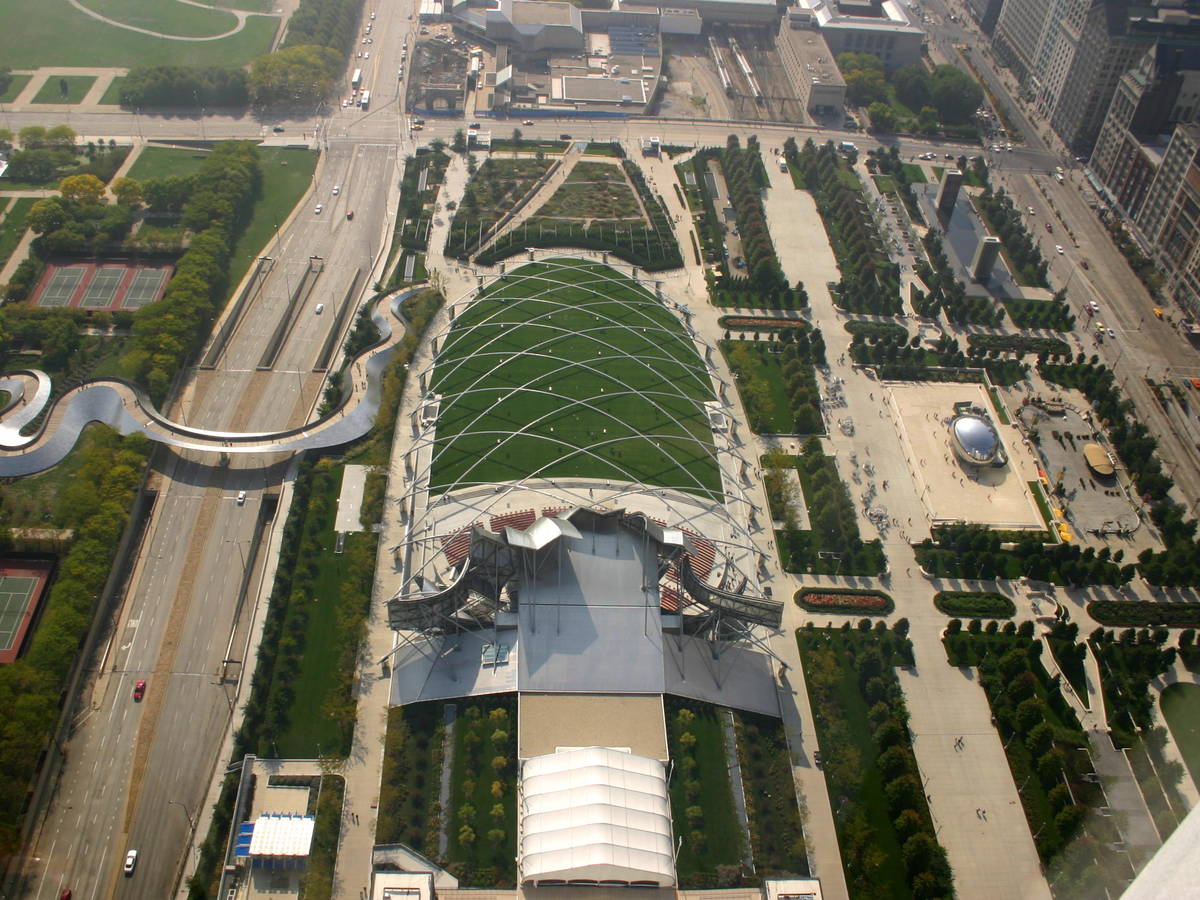 Aerial view of Millennium Park with Cloud Gate and Pritzker Pavilion