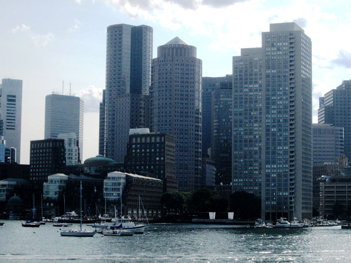 Boston harbor and downtown high-rises viewed from the water
