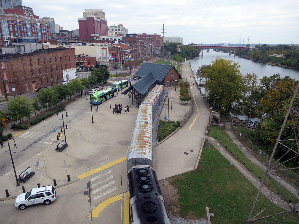 Nashville riverfront, rail station, and downtown buildings
