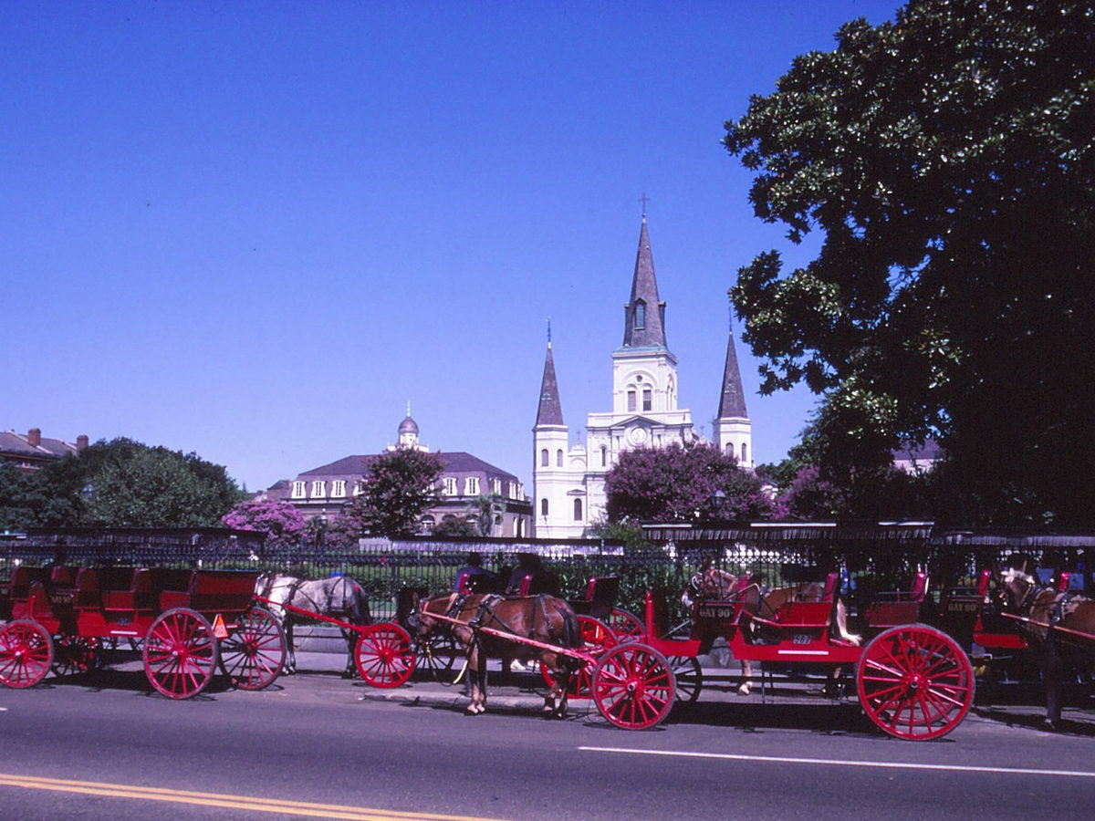 Horse-drawn carriages before St. Louis Cathedral in Jackson Square