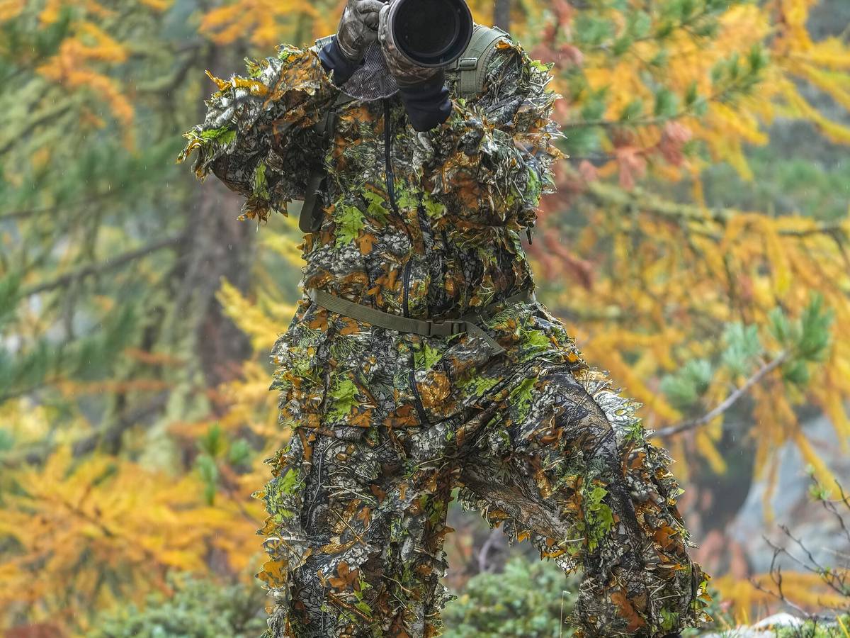 Person in a camouflage jacket blending into woodland