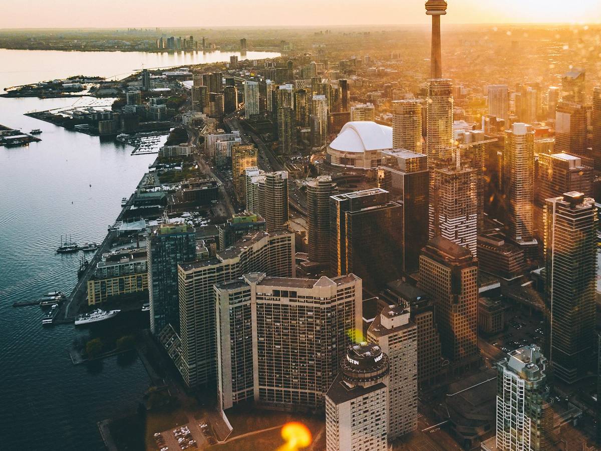 Aerial view of downtown Toronto beside Lake Ontario