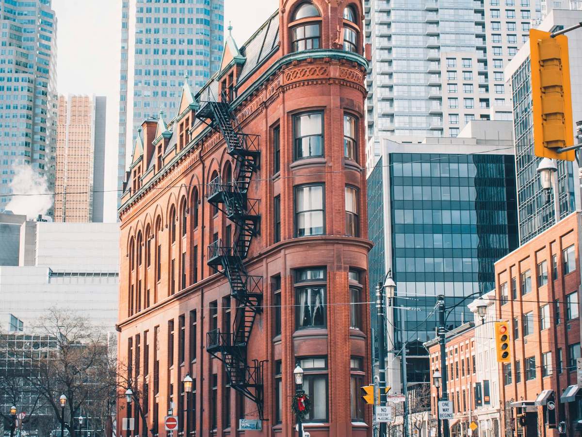 Historic red-brick building among downtown Toronto towers