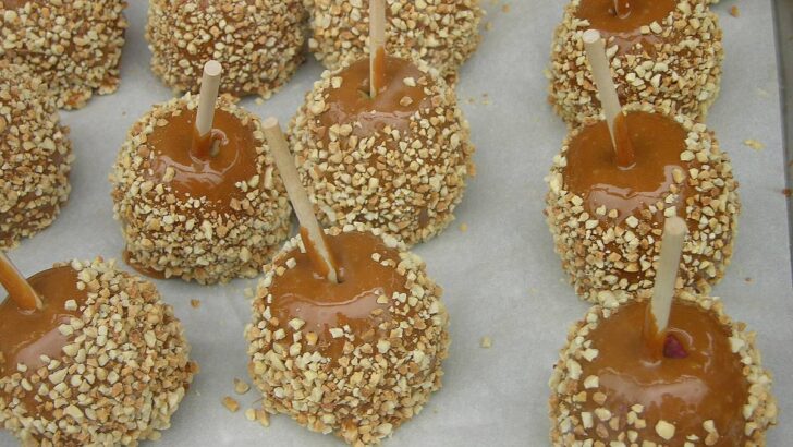 Caramel apples covered with chopped peanuts
