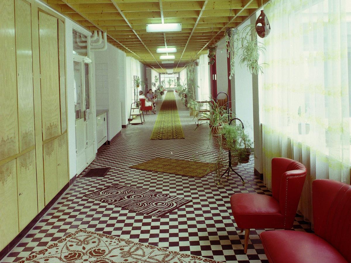 Colorful patterned carpet covering an interior floor