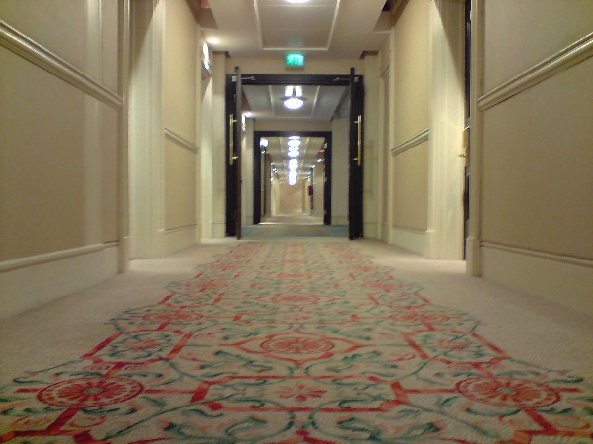 Patterned carpet inside a traditional hotel