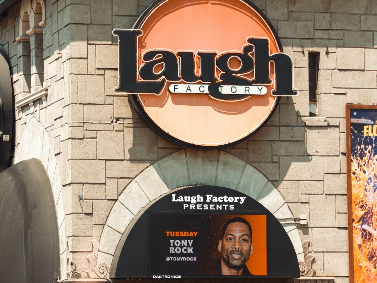 Laugh Factory comedy club marquee advertising a comedian