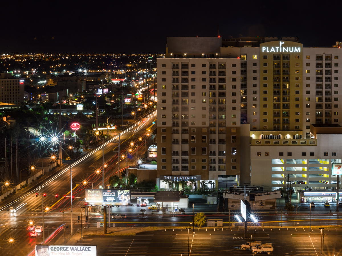 Las Vegas hotels and city streets glowing at night