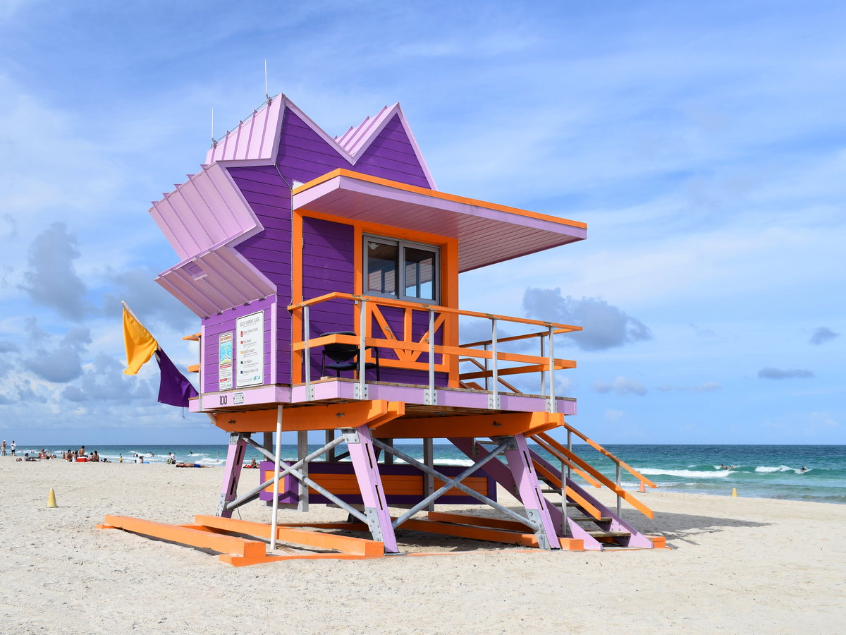 Colorful lifeguard tower on South Beach in Miami