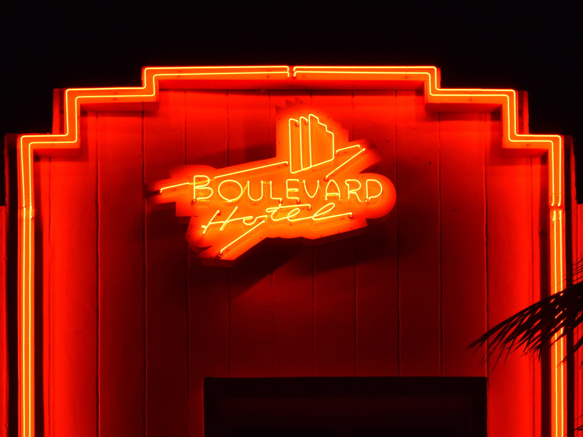 Bright Art Deco neon sign in Miami Beach