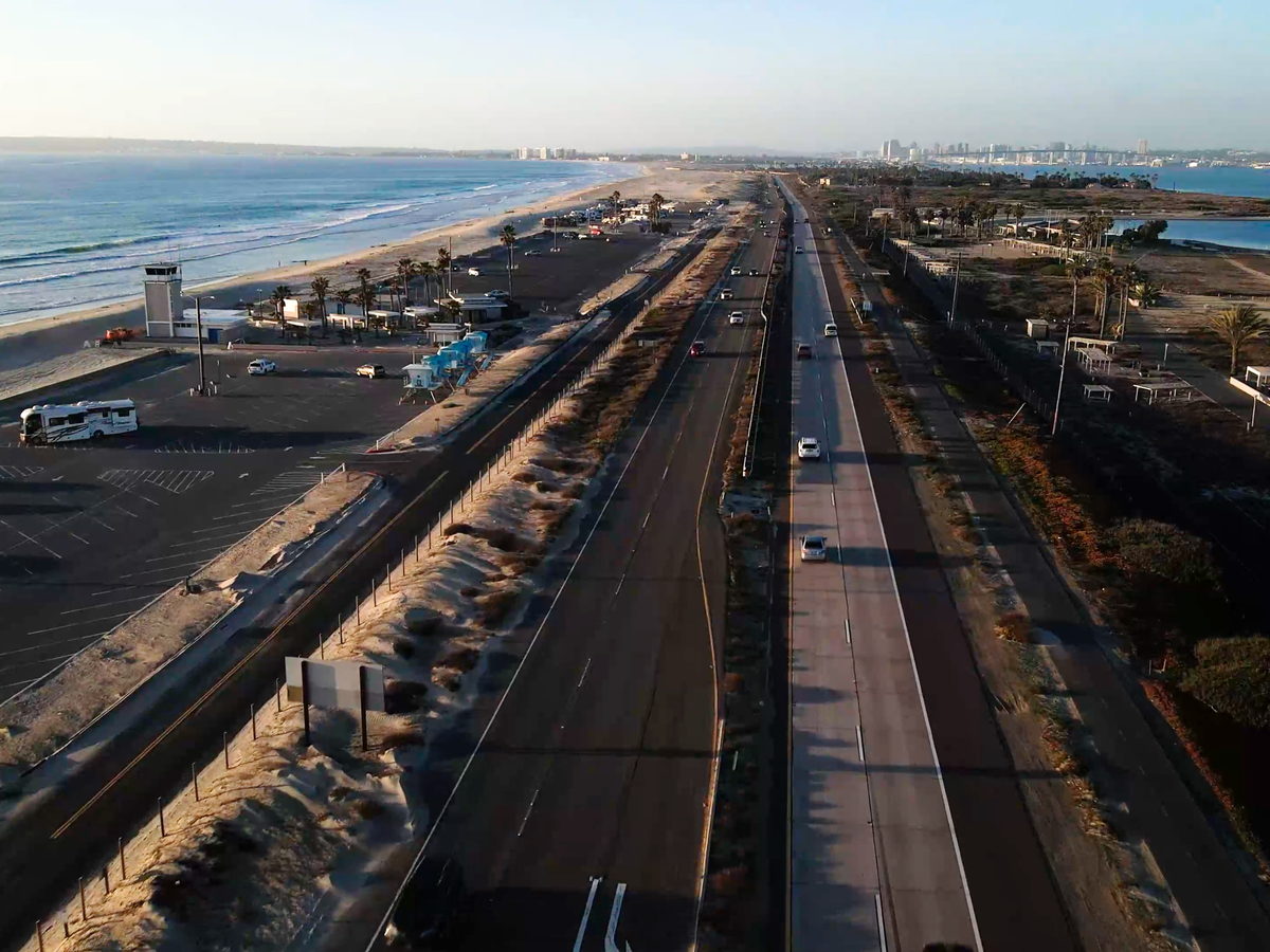 Aerial view of San Diego coastline and transportation corridor