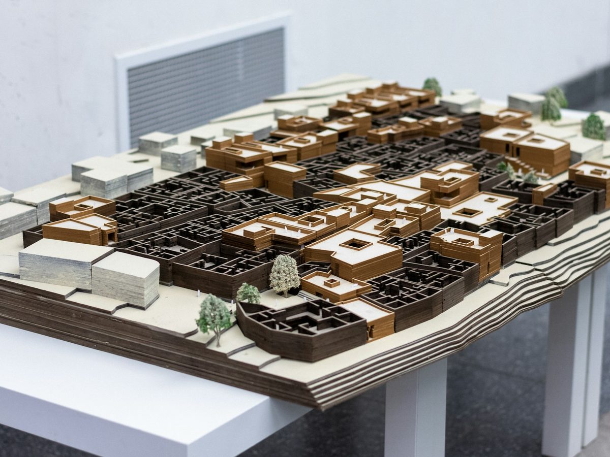 Layered urban design maquette with miniature buildings and trees