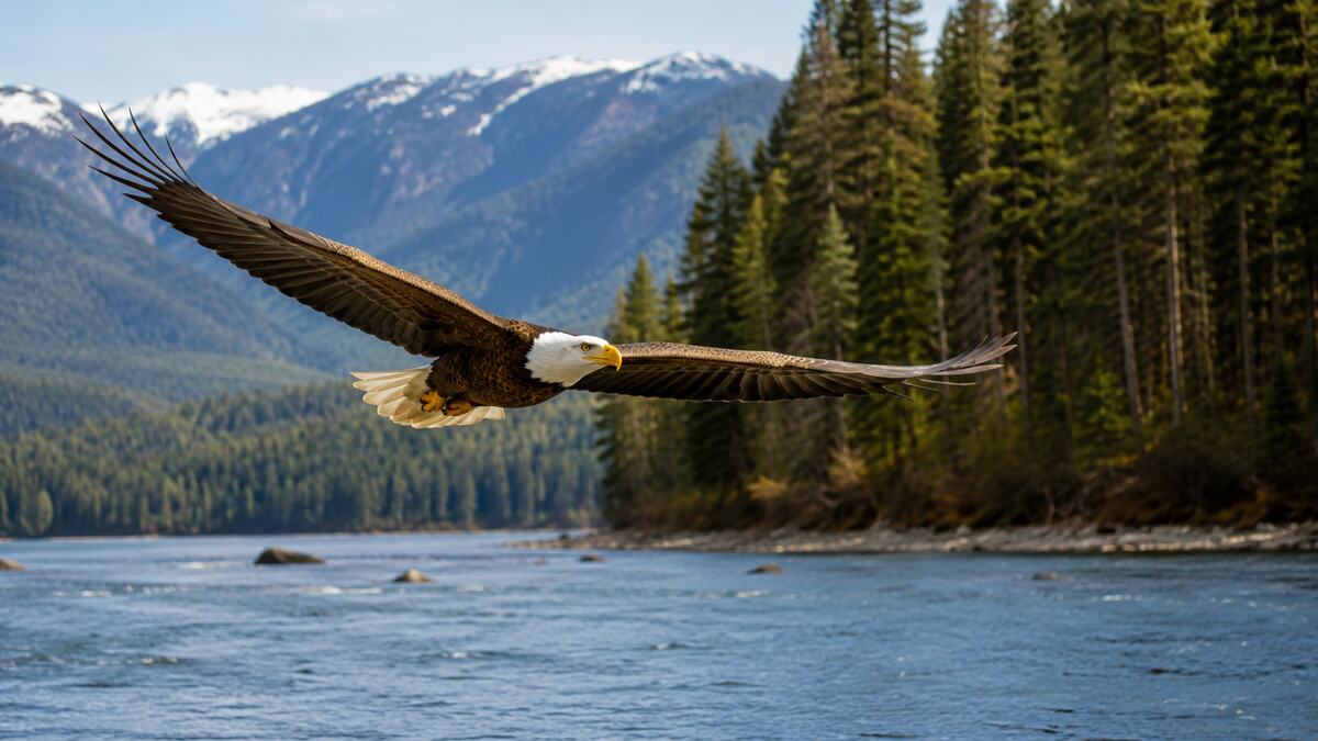 Adult bald eagle flying low over a forested river