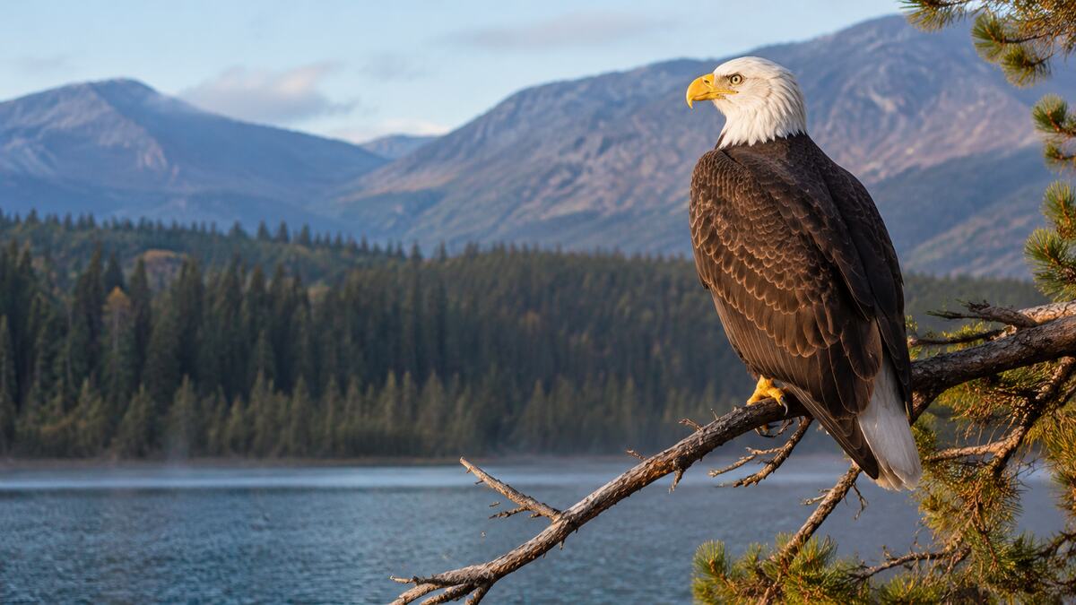 Adult bald eagle perched above a mountain lake