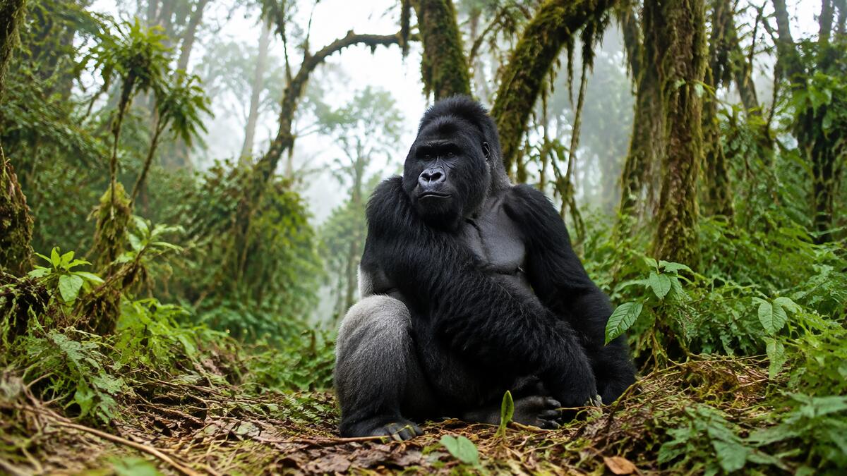 Adult mountain gorilla silverback sitting in a misty forest