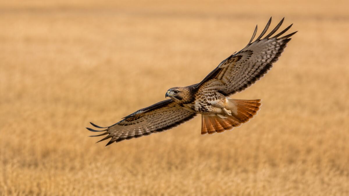 Adult red-tailed hawk flying over a golden field