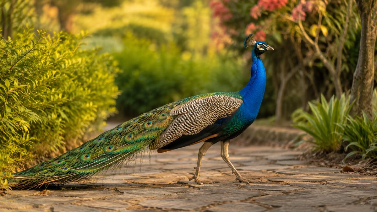 Adult male peacock walking along a sunlit garden path